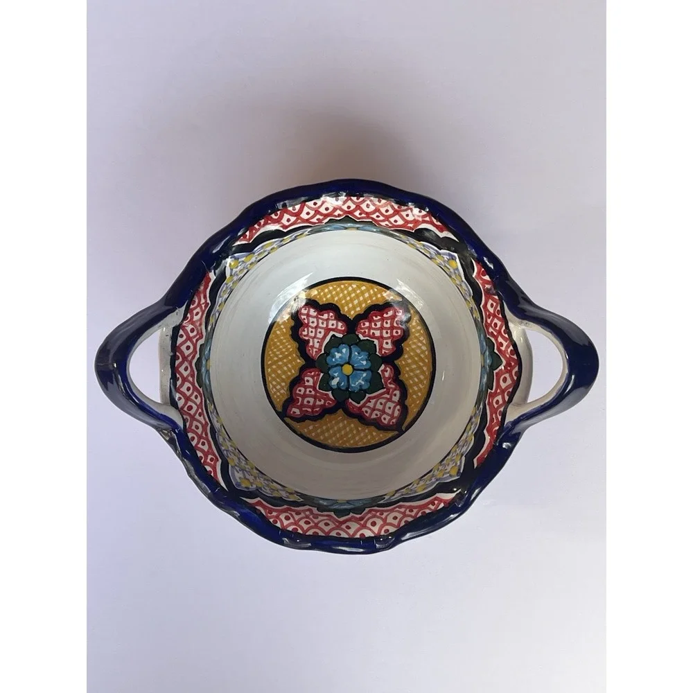 Mexican Talavera Hand Painted Bowl w/ Handles Lead Free Puebla 7